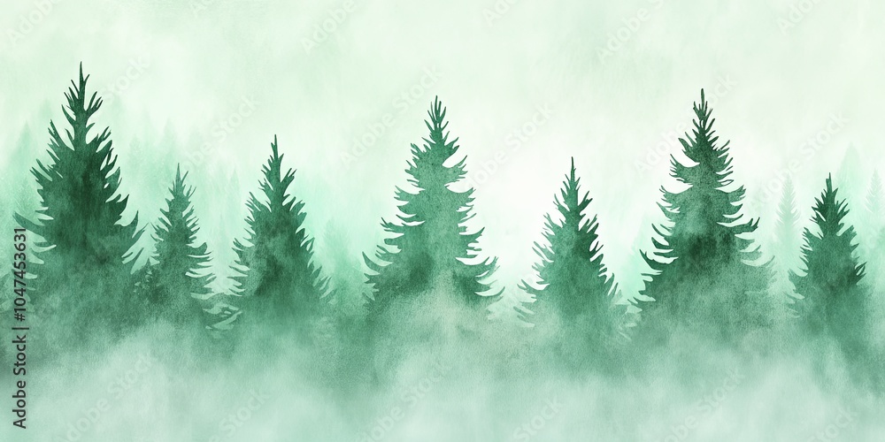 Obraz premium Serene abstract nature background featuring soft green hills and silhouettes of pine trees in gentle gradient tones