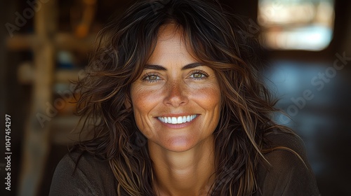 A woman with long, wavy hair smiles brightly in a rustic indoor setting, showcasing a moment of joy and warmth in a casual atmosphere