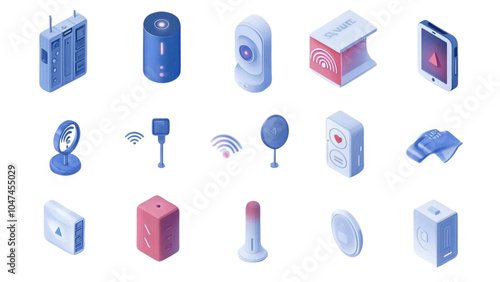 3D Beacon technology icons set. Bluetooth beacon set with various devices connecting and transmitting data illustrating proximity marketing concept