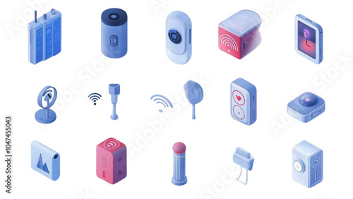 3D Beacon technology icons set. Bluetooth beacon set with various devices connecting and transmitting data illustrating proximity marketing concept