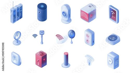 3D Beacon technology icons set. Bluetooth beacon set with various devices connecting and transmitting data illustrating proximity marketing concept