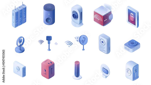 3D Beacon technology icons set. Bluetooth beacon set with various devices connecting and transmitting data illustrating proximity marketing concept