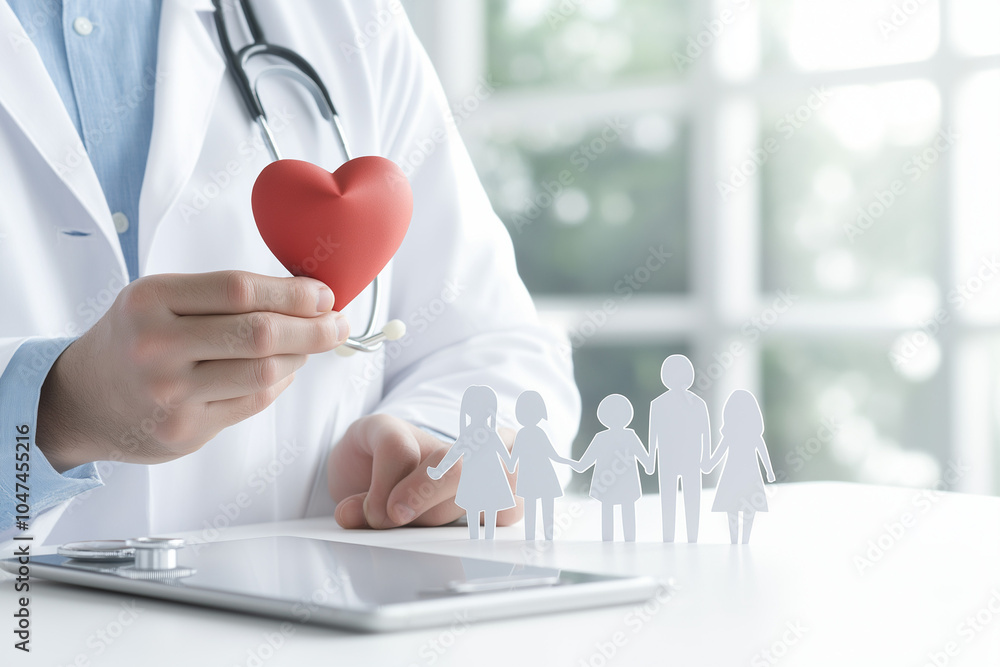 Doctor holding a red heart model with paper family figures, symbolizing healthcare, family care, and medical support.