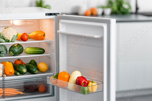 Wallpaper Mural An open refrigerator filled with fresh vegetables and fruits in a modern kitchen, showcasing healthy eating and lifestyle choices. Torontodigital.ca