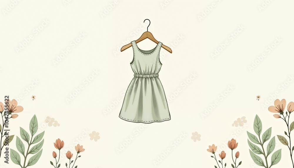 Fototapeta premium Mint Green Summer Dress with Floral Decorative Elements [with copy space]