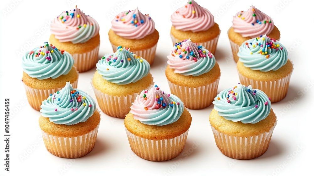 Mini cupcakes with colorful frosting and sprinkles, displayed on a white background, ideal for birthday or celebration-themed dessert ideas. Mini cupcakes with colorful frosting and sprinkles, displayed on a white background, ideal for birthday or celebration-themed dessert ideas.