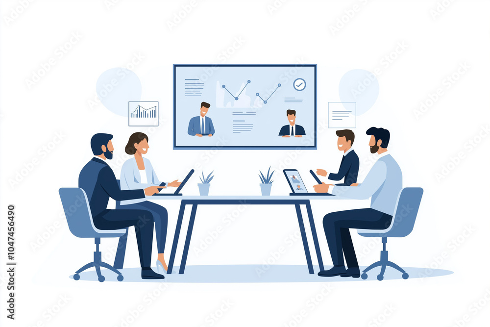 Team meeting with professionals discussing business strategy, analyzing graphs on a screen, collaborating in a modern office setting. Team meeting with professionals discussing business strategy, analyzing graphs on a screen, collaborating in a modern office setting.
