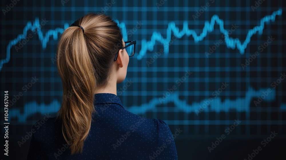 Businesswoman Analyzing Financial Trends on a Screen Businesswoman Analyzing Financial Trends on a Screen