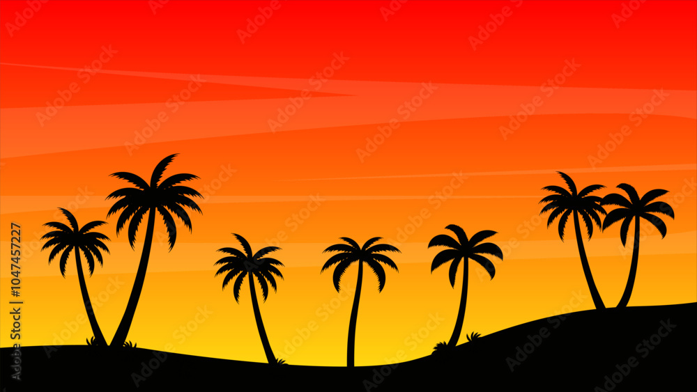 Summer Landscape with Palm Tree Silhouette Summer Landscape with Palm Tree Silhouette