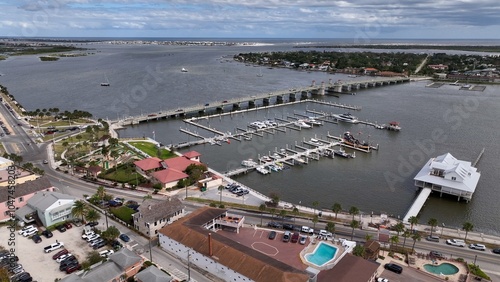 St Augustine Florida aerial view of historic Bridge Of Lions crossing inlet waterway with cars traveling  photo