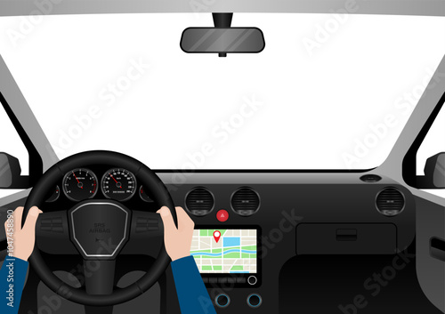Man Driving Inside a Car. Driver's View from Inside a Car. Car Interior with Steering Wheel and Car Dashboard. Vector Illustration.