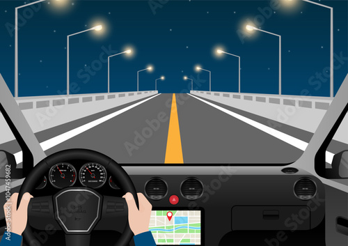 Man Driving Inside a Car. Driver's View from Inside a Car. Car Interior with Steering Wheel and Car Dashboard. Vector Illustration.
