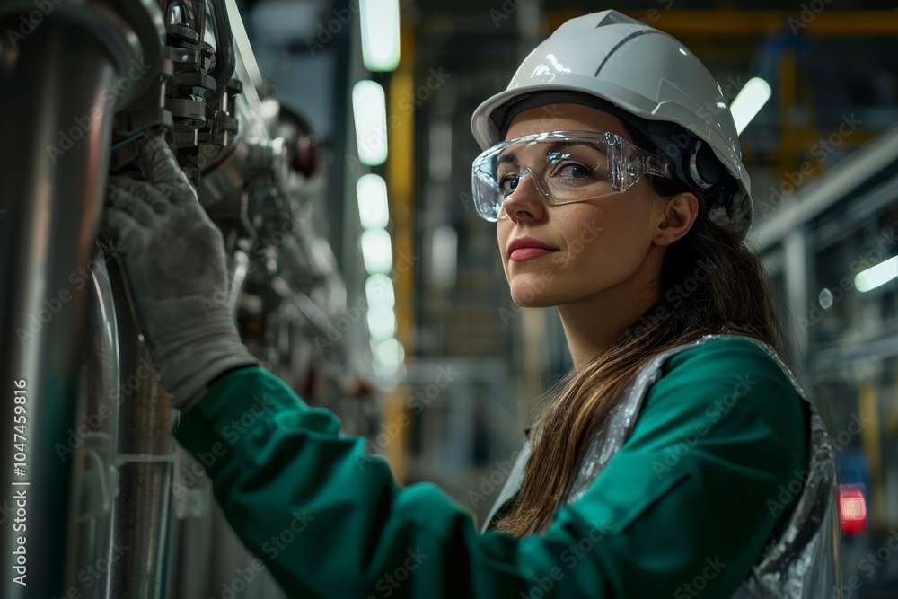 Female engineer inspecting machinery in a power plant, focused expression, industrial background Female engineer inspecting machinery in a power plant, focused expression, industrial background