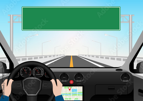 Man Driving Inside a Car. Driver's View from Inside a Car. Car Interior with Steering Wheel and Car Dashboard. Vector Illustration.