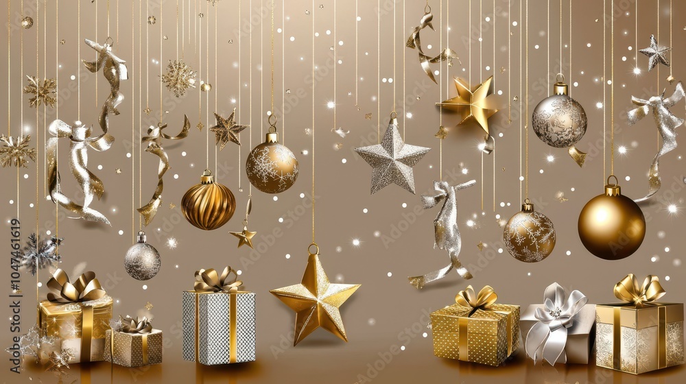 Elegant Christmas decorations with sparkling stars, ribbon-wrapped gifts, and hanging golden ornaments along the sides, leaving space at the center for adding text. Elegant Christmas decorations with sparkling stars, ribbon-wrapped gifts, and hanging golden ornaments along the sides, leaving space at the center for adding text.