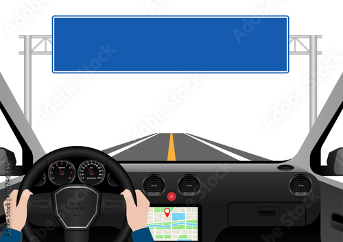 Man Driving Inside a Car. Driver's View from Inside a Car. Car Interior with Steering Wheel and Car Dashboard. Vector Illustration.