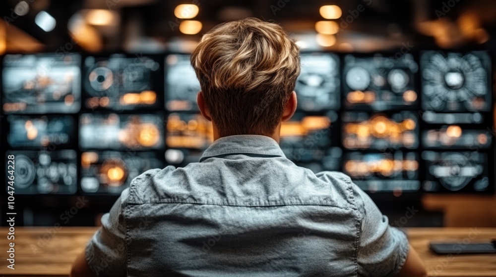 Fototapeta premium Cybersecurity expert monitoring a network for threats, critical need for protecting digital infrastructure in today connected world