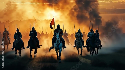 Epic cavalry charge at sunset with soldiers on horseback waving flags through dust and smoke