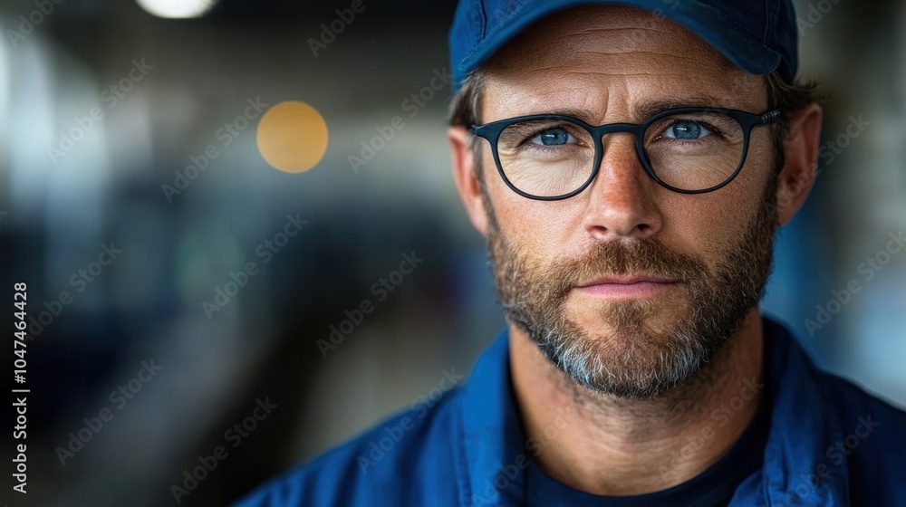 A man with a beard and glasses looks intensely at the camera, dressed in a blue uniform. The background features a blurred industrial environment with warm lighting A man with a beard and glasses looks intensely at the camera, dressed in a blue uniform. The background features a blurred industrial environment with warm lighting