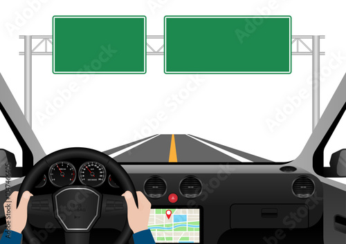 Man Driving Inside a Car. Driver's View from Inside a Car. Car Interior with Steering Wheel and Car Dashboard. Vector Illustration.