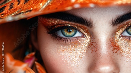 A model highlights her artistic makeup with golden glitter and vivid eye colors, framed by an eye-catching orange hat. The setting radiates brightness and creativity