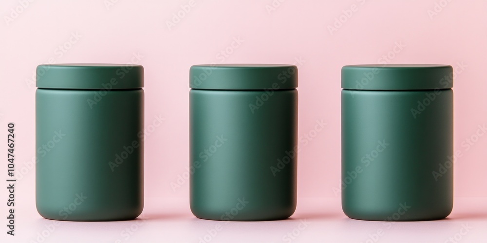 Modern matte dark green jars showcasing sleek and minimalistic packaging against a soft pink backdrop
