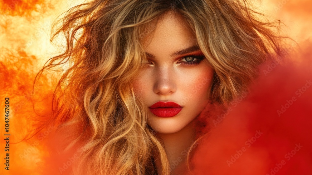 Fototapeta premium With her striking red lips and flowing blonde hair, the woman stands confidently, surrounded by colorful smoke and flames, showcasing powerful beauty and strength