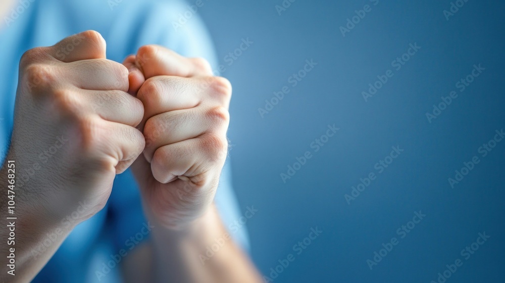 Naklejka premium Close-up of clenched fists in blue hoodie
