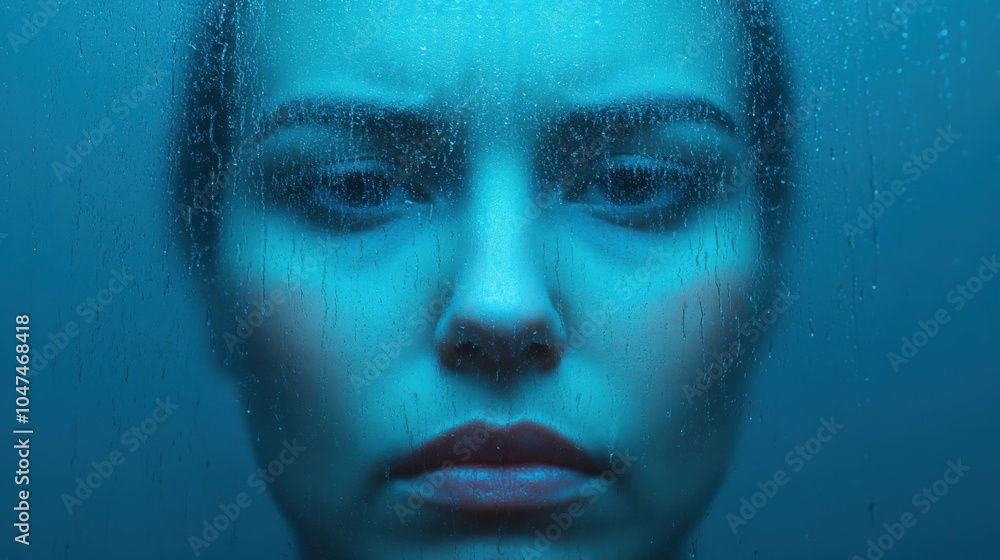 Sad Face Illuminated by Soft Blue Light Sad Face Illuminated by Soft Blue Light