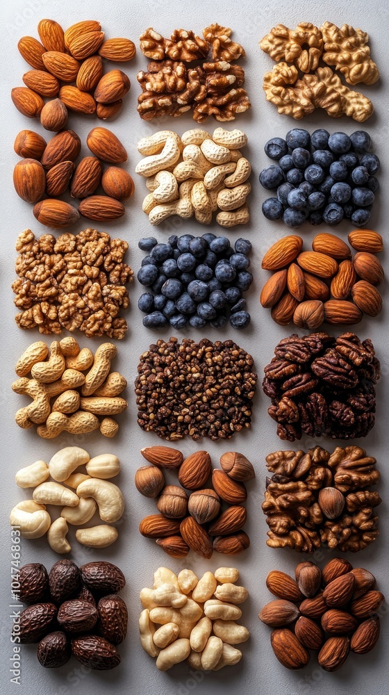 Assorted nuts arranged on a white background, AI generated Assorted nuts arranged on a white background, AI generated