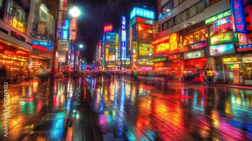 Vibrant night city street with neon lights and reflections