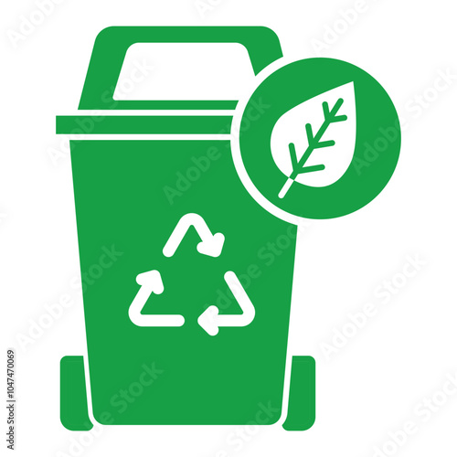 Vector icon of Recycle. This icon represents recycling, showing a trash can with a recycling symbol and a leaf, emphasizing environmental sustainability.