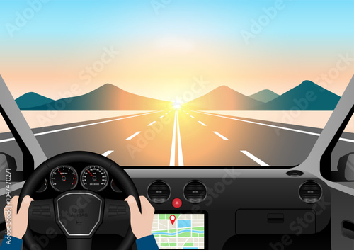 Man Driving Inside a Car. Driver's View from Inside a Car. Car Interior with Steering Wheel and Car Dashboard. Vector Illustration.