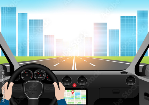Man Driving Inside a Car. Driver's View from Inside a Car. Car Interior with Steering Wheel and Car Dashboard. Vector Illustration.