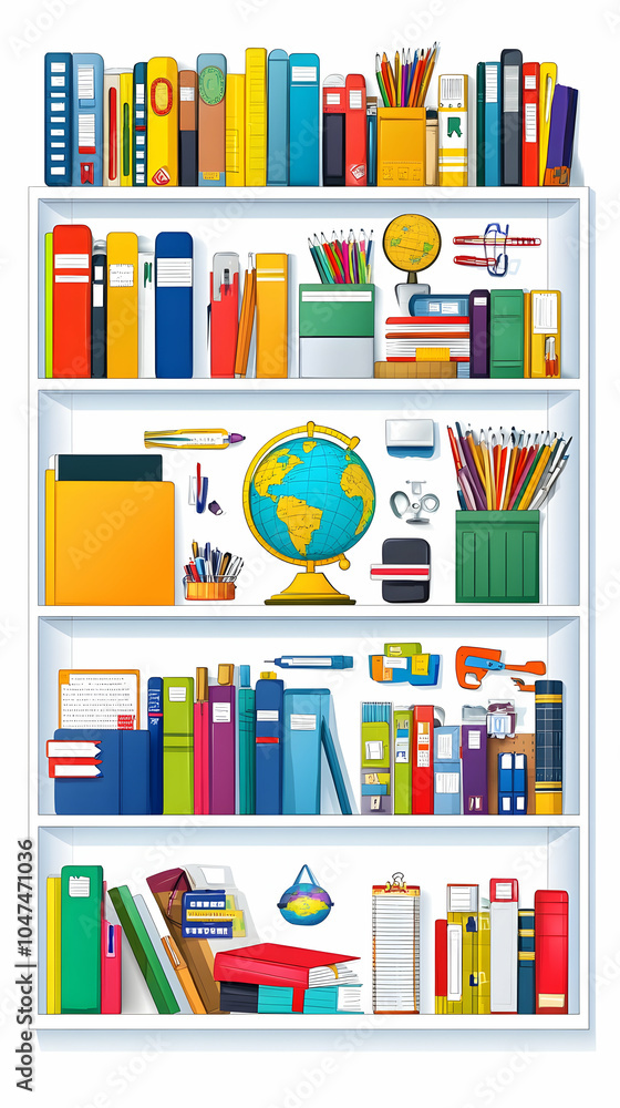 Books, stationery, and school supplies on a bookshelf. Books, stationery, and school supplies on a bookshelf.