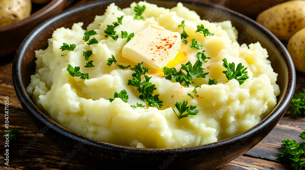 Bowl of creamy mashed potatoes with butter, parsley, and paprika. Bowl of creamy mashed potatoes with butter, parsley, and paprika.