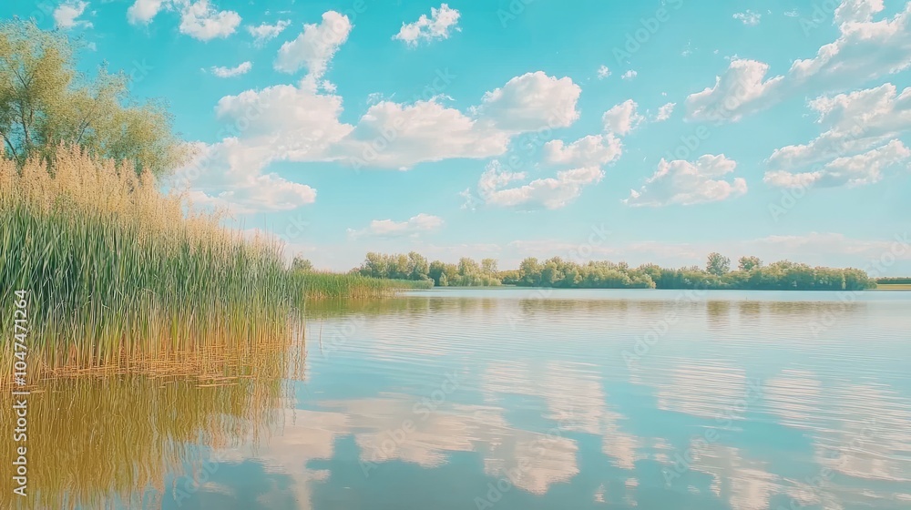 Obraz premium Serene Lakeside Landscape with Reeds and Blue Sky