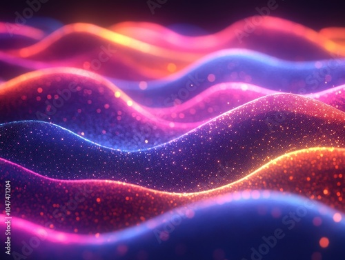 Colorful abstract visualization of vibrant sound waves with glowing particles, AI generated