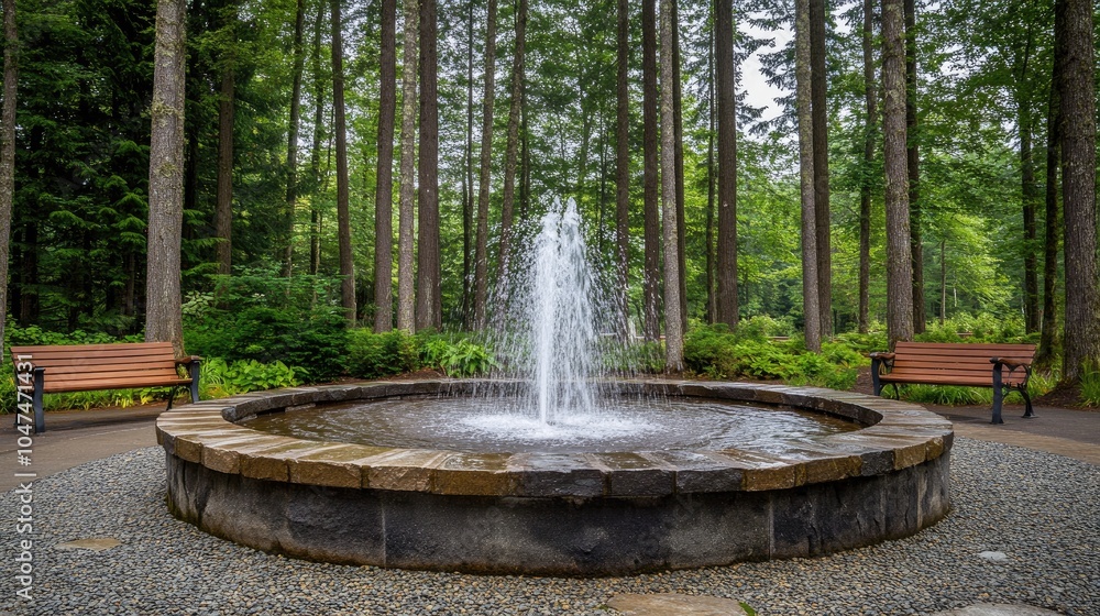 Tranquil Fountain Surrounded by Lush Forest Tranquil Fountain Surrounded by Lush Forest