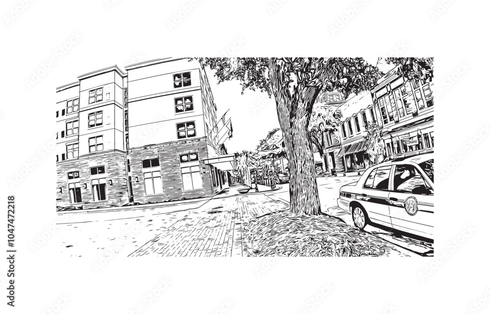Print Building view with landmark of Sumter is the city in South Carolina. Hand drawn sketch illustration in vector.
