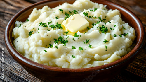 Creamy mashed potatoes with butter and parsley in a brown bowl on a rustic wooden table.