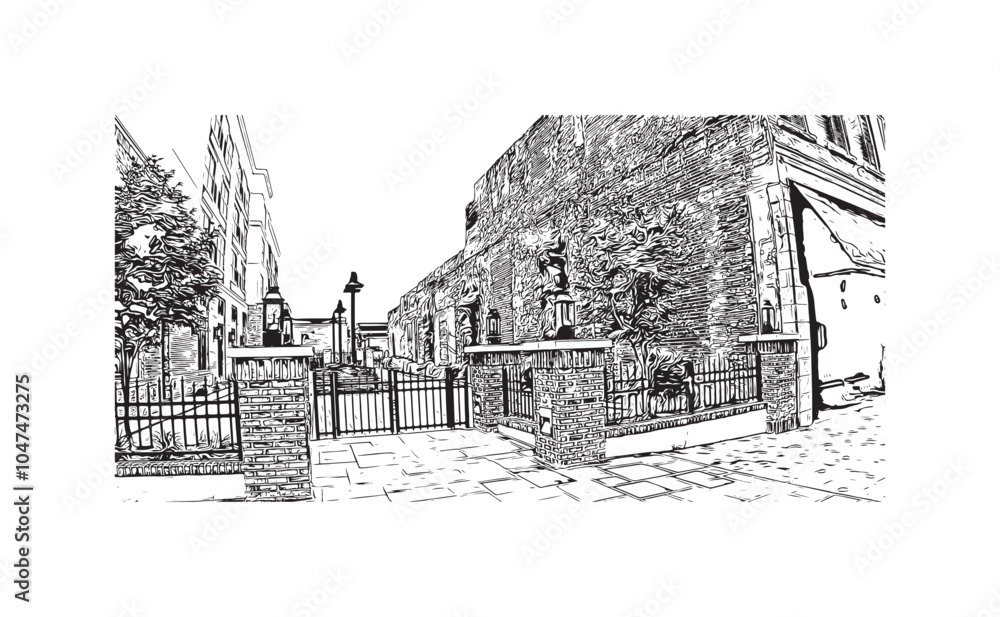 Print Building view with landmark of Sumter is the city in South Carolina. Hand drawn sketch illustration in vector.
