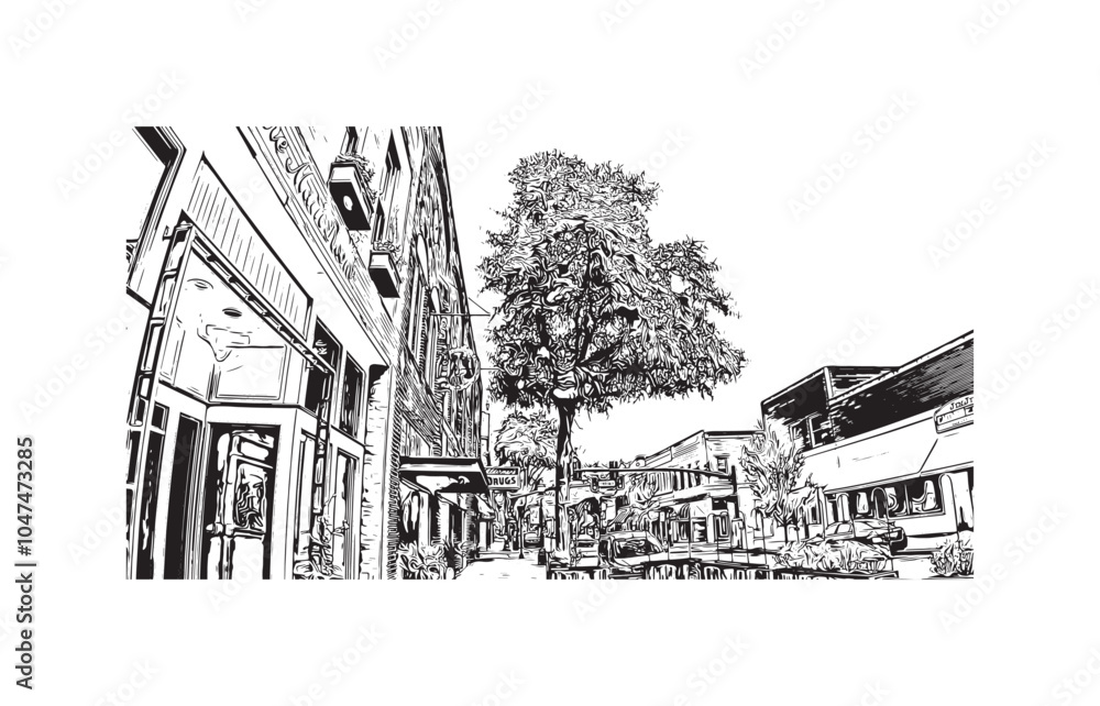 Print Building view with landmark of Sumter is the city in South Carolina. Hand drawn sketch illustration in vector.