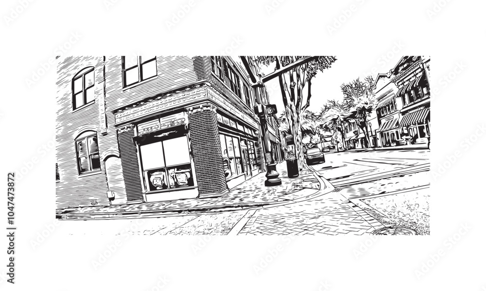 Print Building view with landmark of Sumter is the city in South Carolina. Hand drawn sketch illustration in vector.