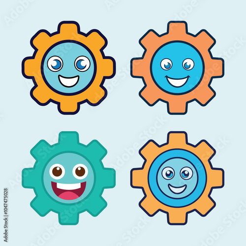 Playful and Colorful Gear Mascot Icons with Smiling Faces for Technology and Engineering Themes