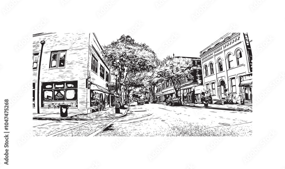 Print Building view with landmark of Sumter is the city in South Carolina. Hand drawn sketch illustration in vector.