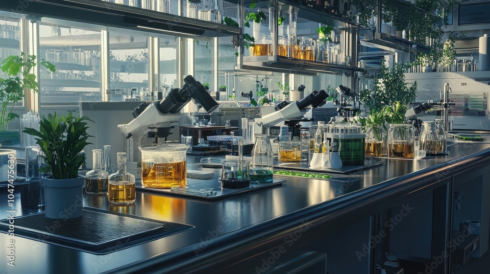 Modern Laboratory with Microscopes and Plant Samples Modern Laboratory with Microscopes and Plant Samples