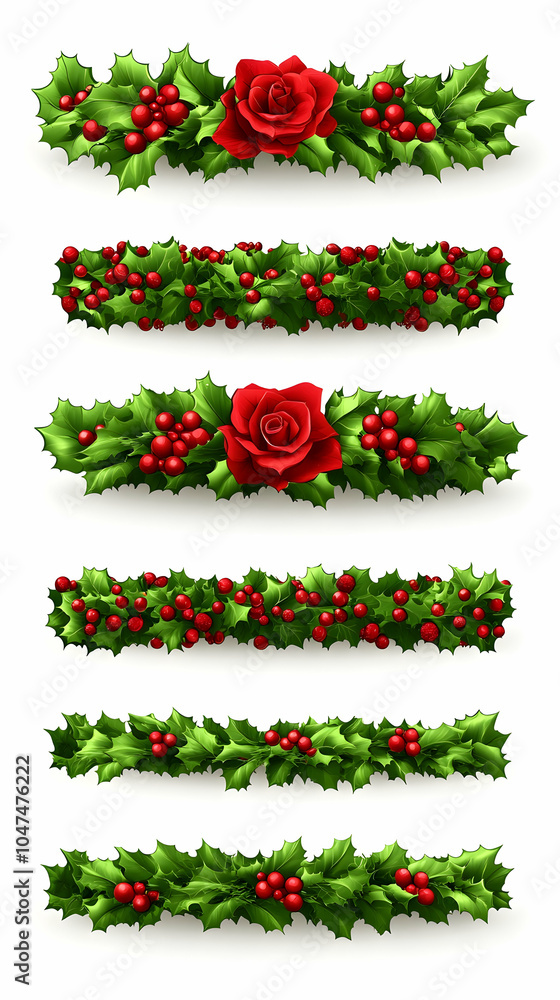 Six realistic holly wreaths with and without red roses. Six realistic holly wreaths with and without red roses.