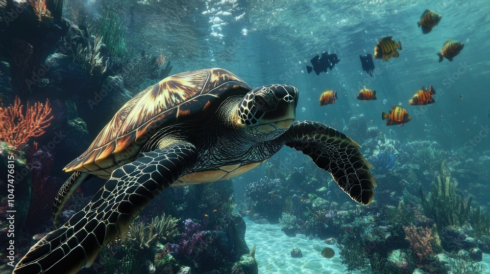 Obraz premium Majestic Sea Turtle Swimming in Vibrant Coral Reef