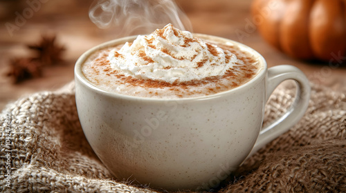 Steaming cup of pumpkin spice latte with whipped cream and cinnamon. (1)